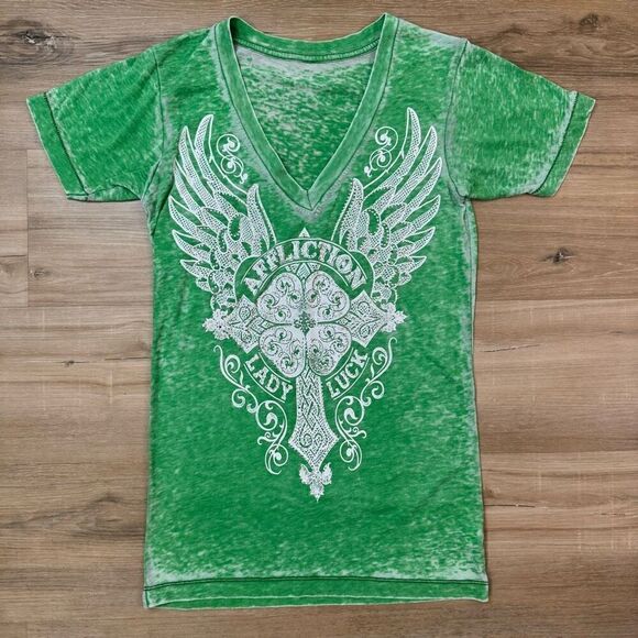 Affliction Womens S Lady Luck VNeck Tee Studded Green Burnout Alternative Grunge - Picture 1 of 4